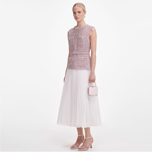 Self-Portrait Dresses & Skirts - Self-Portrait Pink Tweed Sleeveless Top with White Pleated Skirt